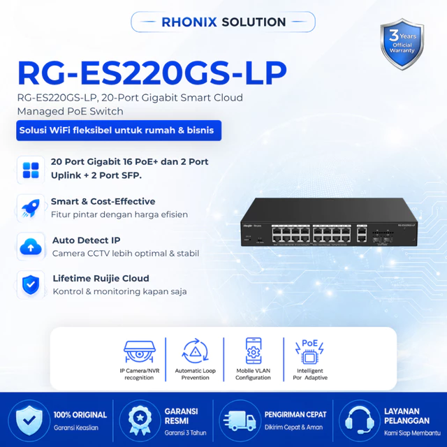 RUIJIE RG-ES220GS-LP, 20-Port Gigabit Smart Cloud Managed PoE Switch