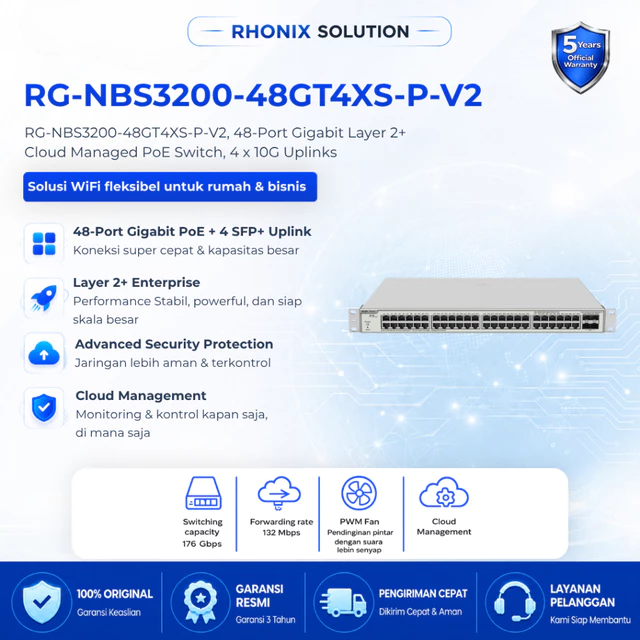 RUIJIE RG-NBS3200-48GT4XS-P-V2, 48-Port Gigabit Layer 2+ Cloud Managed PoE Switch, 4 x 10G Uplinks