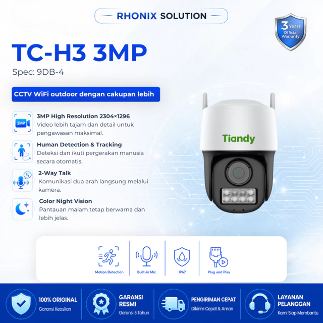 TIANDY TC-H3 3MP Spec: 9DB-4 CCTV WiFi outdoor dengan cakupan lebih maksimal.
